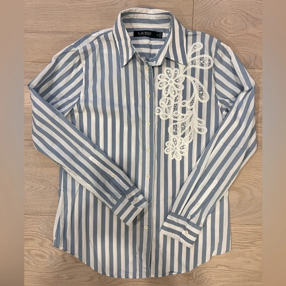 Ralph Lauren Striped Button-Down with Floral Lace - Picture 1 of 9